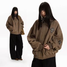 批发美式复古街头十字架翻领夹克男女情侣春秋宽松休闲百搭<b class='q'>外套</b>