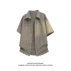 批发夏季美式休闲格纹短袖<b class='q'>衬衫</b>男女款宽松复古<b class='q'>百搭</b>格子款<b class='q'>衬衣</b>上衣潮