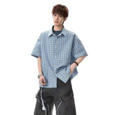 批发美式复古格纹刺绣短袖衬衫男女夏季宽松POLO衫T恤设计感情侣<b class='q'>外套</b>