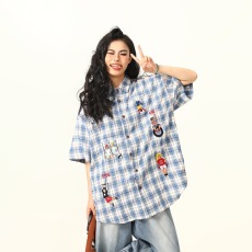 批发美式复古运动刺绣格子衬衫宽松百搭情侣慵懒衬衣情侣中性短袖新款