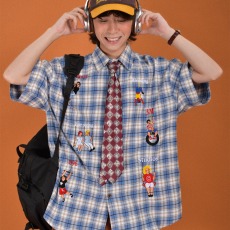 批发新款美式日系复古撞色格子短袖衬衫男女夏季港风学院风宽松衬衣潮