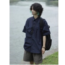 批发日系复古宽松休闲多口袋工装短袖衬衫情侣速干半袖衬衣潮