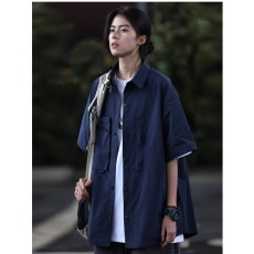 批发潮流简约时尚新款慵懒无品牌日系户外机能风工装廓形短袖衬衫气质