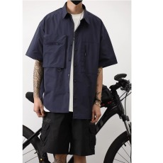 批发夏季日系复古机能风工装短袖衬衫男女中性风宽松休闲半袖衬衣外套