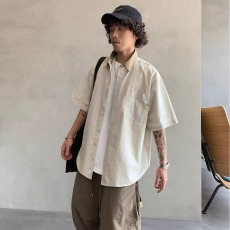 批发日系复古简约撞色翻领短袖衬衫男女夏季2025新款宽松休闲工装衬衣