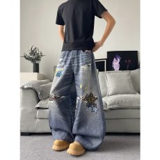 批发复古做旧破烂补丁<b class='q'>牛仔裤</b>男士微锥<b class='q'>直筒</b>裤宽松美式高街潮牌嘻哈长裤