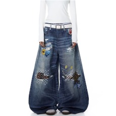 批发大码美式复古水洗阔腿牛仔裤女春秋季新款街头宽松提花<b class='q'>设计</b>弯刀裤
