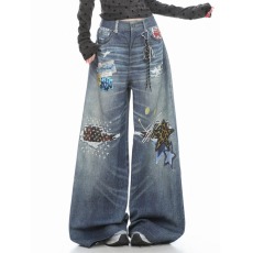 批发美式复古五角星破洞<b class='q'>牛仔裤</b>男<b class='q'>女</b>水洗做旧嘻哈宽松<b class='q'>直筒</b>阔腿长裤