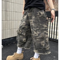 批发美式复古毛边迷彩设计感宽松口袋工装短裤男<b class='q'>女</b>夏季直筒百搭七分裤