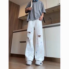 批发高街美式涂鸦泼墨白色<b class='q'>牛仔裤</b>男宽松<b class='q'>直筒</b>潮牌痞帅夏季阔腿薄款裤子