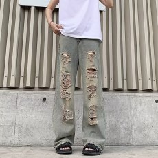 批发高街做旧废土色破洞<b class='q'>牛仔裤</b>男<b class='q'>女</b>复古小众设计垂感显瘦<b class='q'>直筒</b>乞丐长裤