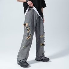 批发ins美式复古设计感ins潮个性<b class='q'>直筒</b>破洞乞丐<b class='q'>牛仔裤</b>男宽松阔腿裤<b class='q'>男</b>款