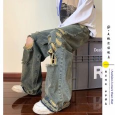 批发<b class='q'>大码</b>胖mm美式复古破洞牛仔裤男<b class='q'>女</b>款直筒宽松高街vibe阔腿拖地裤潮