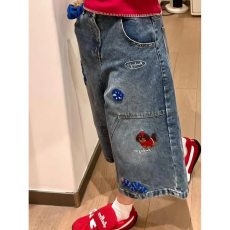 批发趣味刺绣牛仔七分裤<b class='q'>女</b>夏季做旧水洗宽松<b class='q'>直筒</b>休闲百搭短裤