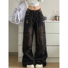 批发春秋做旧工装<b class='q'>牛仔裤</b><b class='q'>女</b>早春美式高街复古高街宽松显瘦<b class='q'>直筒</b>阔腿裤子