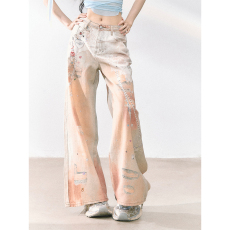 批发落日霓虹 美式高街打印<b class='q'>牛仔裤</b><b class='q'>女</b>夏季宽松<b class='q'>直筒</b>显瘦阔腿裤<b class='q'>长</b>裤