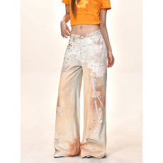 批发<b class='q'>设计</b>师款美式拼接迷彩松紧系带休闲裤女夏季百搭高腰阔腿裤子