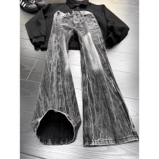 批发美式复古闪电纹微喇<b class='q'>牛仔裤</b>男款春秋新款斜切弯刀裤修身显瘦<b class='q'>直筒</b>裤