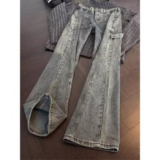 批发美式复古斜切弯刀<b class='q'>牛仔裤</b>男款秋季绑带伐木工装裤子显瘦<b class='q'>直筒</b>微喇裤