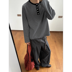 批发条纹亨利领<b class='q'>长袖</b><b class='q'>T</b><b class='q'>恤</b> 正肩通勤白色<b class='q'>男</b>休闲基础覆古打底衫