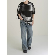 批发帛跃潮流痞帅针织条纹短袖设计感ins情侣装套头圆领T恤衫男