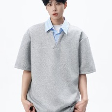 批发美式假两件衬衫领短袖男潮牌宽松拼接T恤春夏重磅半袖Polo衫上衣