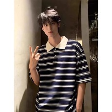 批发美式复古条纹polo衫短袖新款日系气质百搭<b class='q'>时尚</b><b class='q'>潮流</b>简约文艺