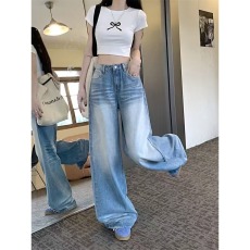 批发美式复古水洗浅蓝色<b class='q'>牛仔裤</b>女宽松直筒阔腿长裤潮流垂感松弛廓形裤
