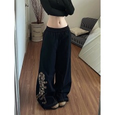 批发美式高街豹纹口袋直筒黑色<b class='q'>牛仔裤</b>女2026春季新款高腰宽松阔腿长裤