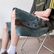 批发美式复古牛仔短裤男夏季新款高街水洗做旧设计感拼接<b class='q'>休闲</b>五分裤子