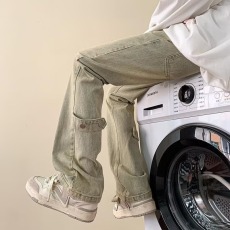 批发复古黄泥微喇<b class='q'>牛仔裤</b>男直筒宽松阔腿美式高街裤子潮牌百搭<b class='q'>休闲</b>长裤