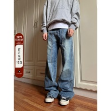 批发美式蓝色<b class='q'>牛仔裤</b>男春秋季新款潮牌垂感高级感宽松直筒阔腿裤子长裤