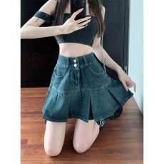 批发高腰复古百褶牛仔半身裙女夏季遮肚显瘦<b class='q'>设计</b>感小众a字短裙子