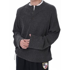 批发<b class='q'>男士</b>亨利领<b class='q'>长袖</b>T恤褶皱肌理两侧抽绳树枝纹百搭打底上衣