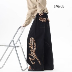 批发美式字母豹纹<b class='q'>牛仔裤</b>男女春复古设计感弯刀长裤高街hiphop阔腿裤子