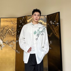 批发何炅明星同款新中式盘扣<b class='q'>设计</b>衬衫油画翠竹印花立领长袖衬衣男女潮