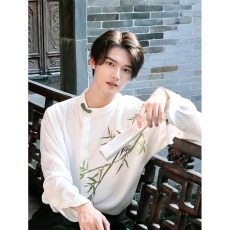 批发新中式中国风盘扣<b class='q'>印花</b>长袖衬衫男装设计感高级唐装道袍衬衣外套春