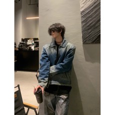 批发春秋复古做旧渐变<b class='q'>设计</b>感拉链牛仔外套男翻领潮流休闲宽松牛仔夹克