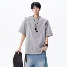 批发夏季重磅太空棉boxy版型短袖t恤<b class='q'>男</b>拼接活页宽松cleanfit上衣女ins