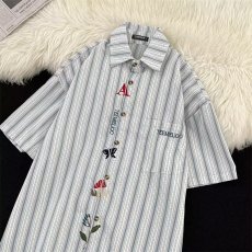 批发2026新款夏季复古刺绣条纹原宿风衬衫上衣凉感休闲<b class='q'>男</b>款短袖流行