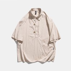 批发夏季日系复古藏青廓形工装衬衫<b class='q'>男</b>女生潮流宽松<b class='q'>男</b>友风短袖衬衣外套