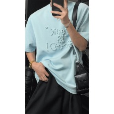 批发简约风夏季潮流纯色高级感珍珠字母百搭圆领短袖T恤<b class='q'>男</b>女同款上衣