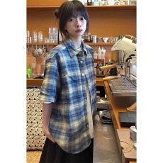 批发美式复古格子短袖衬衫<b class='q'>男</b>女休闲夏季薄款慵懒风宽松情侣半袖衬衣潮