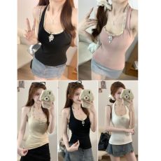 批发纯欲人棉磨毛蕾丝边吊带挂脖式背心秋冬内搭女带胸垫打底衫上衣