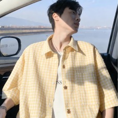 批发黄色格子衬衫男短袖夏季薄款青少年胖子<b class='q'>加肥</b><b class='q'>加大</b>大码男装休闲衬衣
