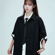 批发假两件拼接领带<b class='q'>衬衫</b>男女秋季小众高级感翻领<b class='q'>衬衣</b>cleanfit西装外套