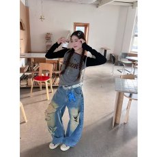 批发大码美式复古破洞牛仔裤女2026早秋新款辣妹街头<b class='q'>设计</b>感低腰拖地裤