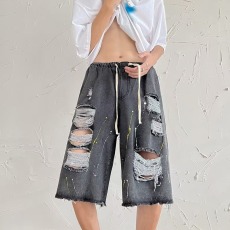 批发美式泼墨牛仔短裤男款夏季设计感潮牌高街痞帅破洞宽松直筒五分裤