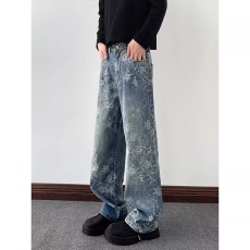 批发美式复古提花牛仔裤男秋季小众<b class='q'>设计</b>感裤子高街vibe窄版直筒微喇裤