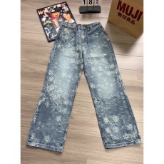 批发浅蓝色美式覆古提花刺绣牛仔裤秋季新款高腰宽松<b class='q'>设计</b>感直筒拖地裤